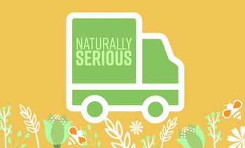 Naturally Serious free shipping offer banner with beige background and green text.