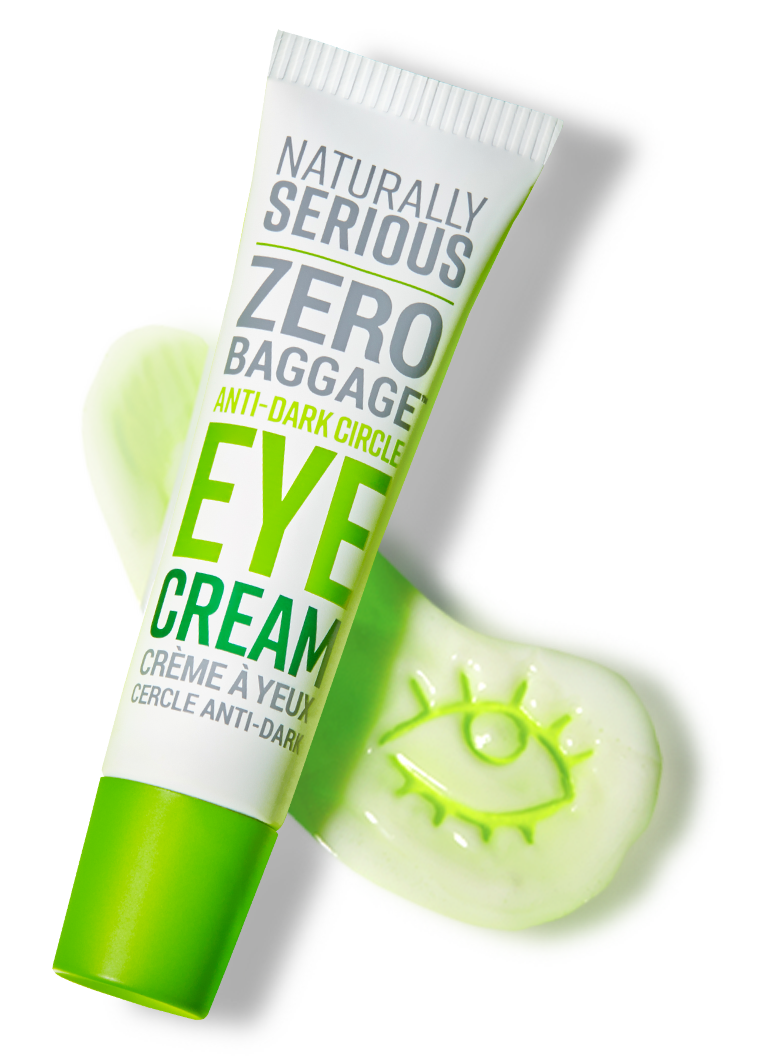 Naturally Serious Zero Baggage anti-dark circle eye cream tube with green eye-shaped cream swatch.